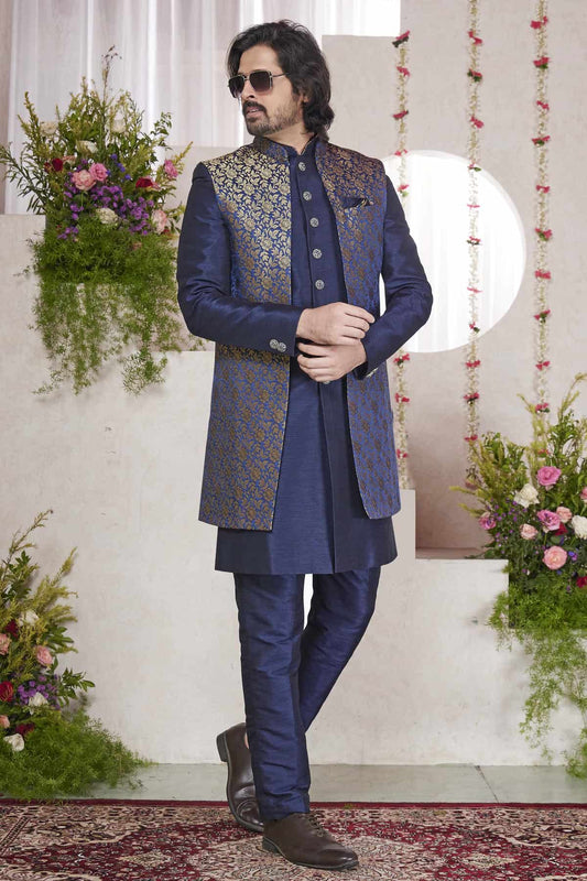 Jacquard Art Silk Thread Embroidery Work 3 Pcs Jacket Set In Blue Colour