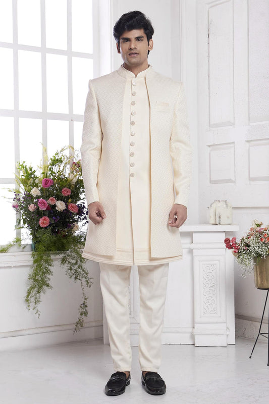 Imported Jacquard Silk Embroidery Work 3 Pcs Jacket Set In Cream Colour