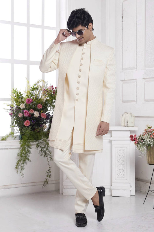 Imported Jacquard Silk Embroidery Work 3 Pcs Jacket Set In Cream Colour