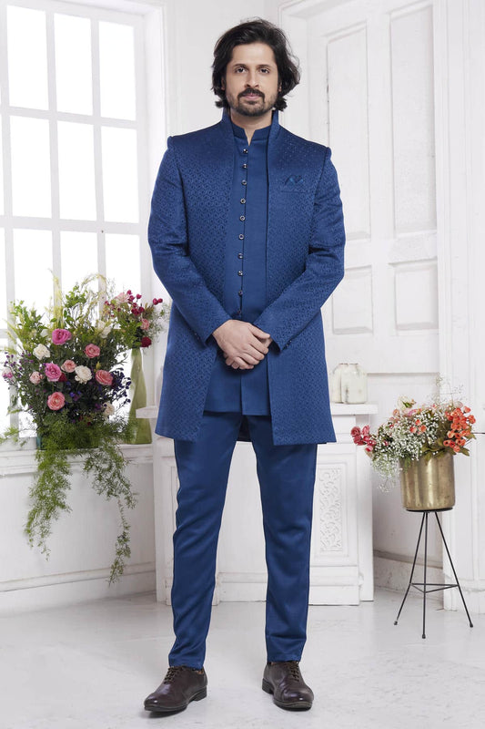 Imported Jacquard Silk Embroidery Work 3 Pcs Jacket Set In Blue Colour
