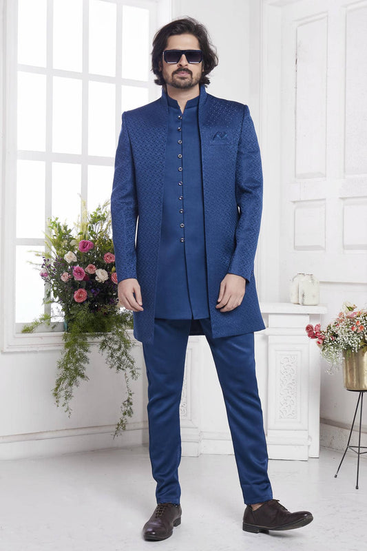 Imported Jacquard Silk Embroidery Work 3 Pcs Jacket Set In Blue Colour