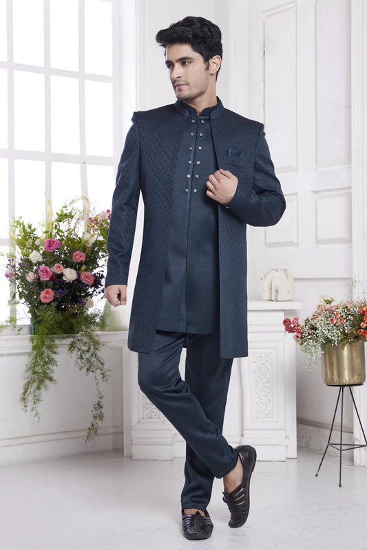 Imported Jacquard Silk Embroidery Work 3 Pcs Jacket Set In Green Colour
