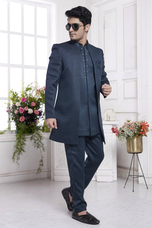 Imported Jacquard Silk Embroidery Work 3 Pcs Jacket Set In Green Colour