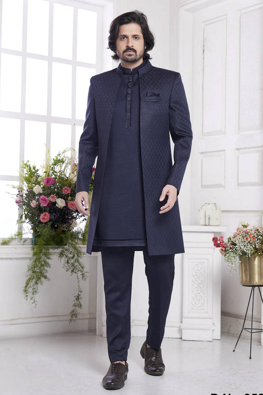 Imported Jacquard Silk Embroidery Work 3 Pcs Jacket Set In Blue Colour