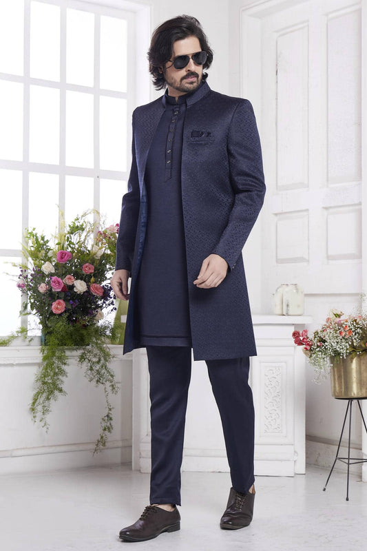 Imported Jacquard Silk Embroidery Work 3 Pcs Jacket Set In Blue Colour