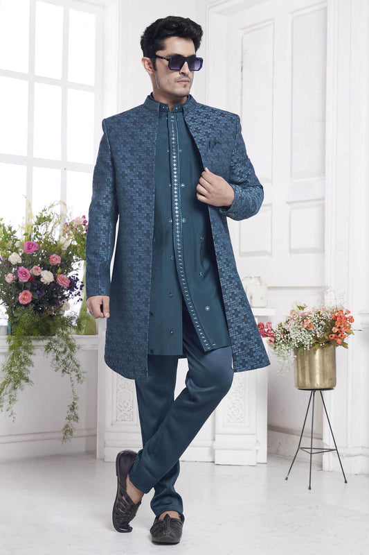 Imported Jacquard Silk Embroidery Work 3 Pcs Jacket Set In Blue Colour