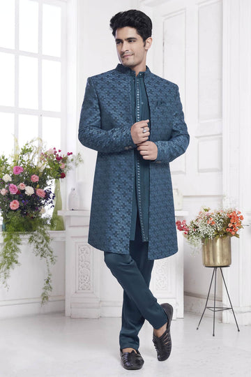 Imported Jacquard Silk Embroidery Work 3 Pcs Jacket Set In Blue Colour