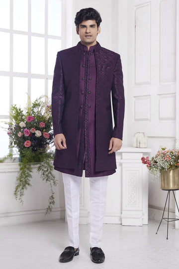 Imported Jacquard Silk Embroidery Work 3 Pcs Jacket Set In Wine Colour
