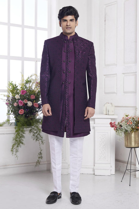 Imported Jacquard Silk Embroidery Work 3 Pcs Jacket Set In Wine Colour