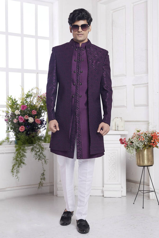 Imported Jacquard Silk Embroidery Work 3 Pcs Jacket Set In Wine Colour