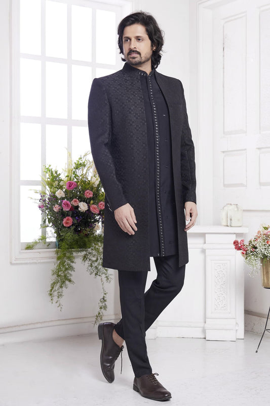Imported Jacquard Silk Embroidery Work 3 Pcs Jacket Set In Black Colour