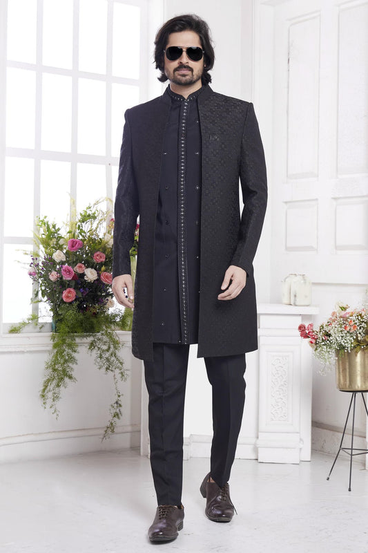 Imported Jacquard Silk Embroidery Work 3 Pcs Jacket Set In Black Colour