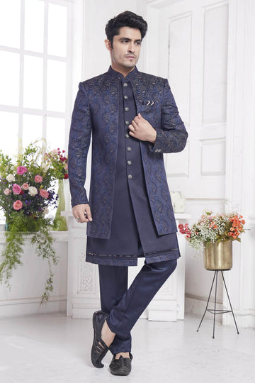 Imported Jacquard Silk Embroidery Work 2 Pcs Attech Jacket Set In Blue Colour