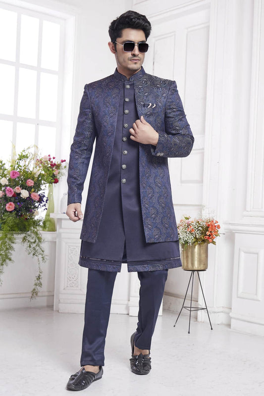 Imported Jacquard Silk Embroidery Work 2 Pcs Attech Jacket Set In Blue Colour