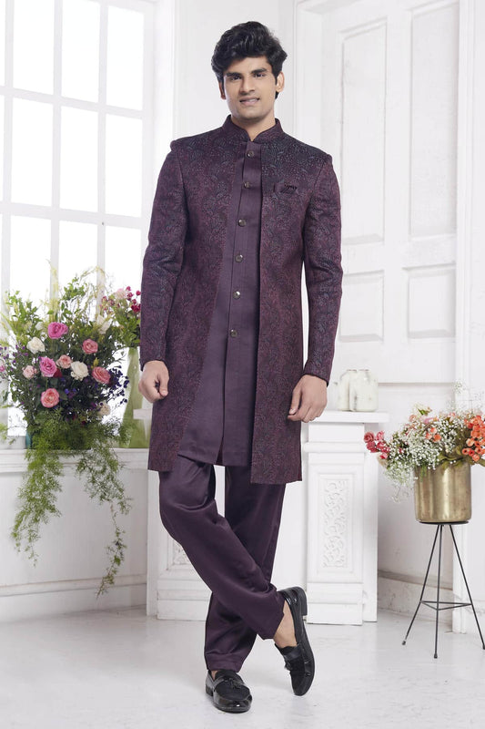 Imported Jacquard Silk Embroidery Work 2 Pcs Attech Jacket Set In Wine Colour