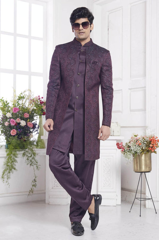 Imported Jacquard Silk Embroidery Work 2 Pcs Attech Jacket Set In Wine Colour