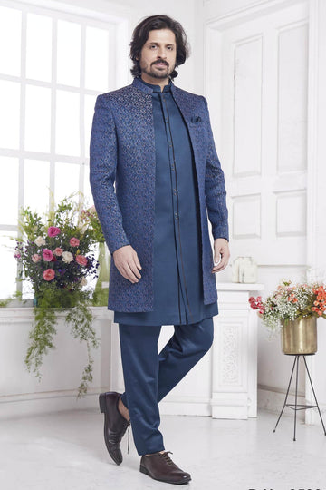 Imported Jacquard Silk Embroidery Work 3 Pcs Jacket Set In Teal Green Colour