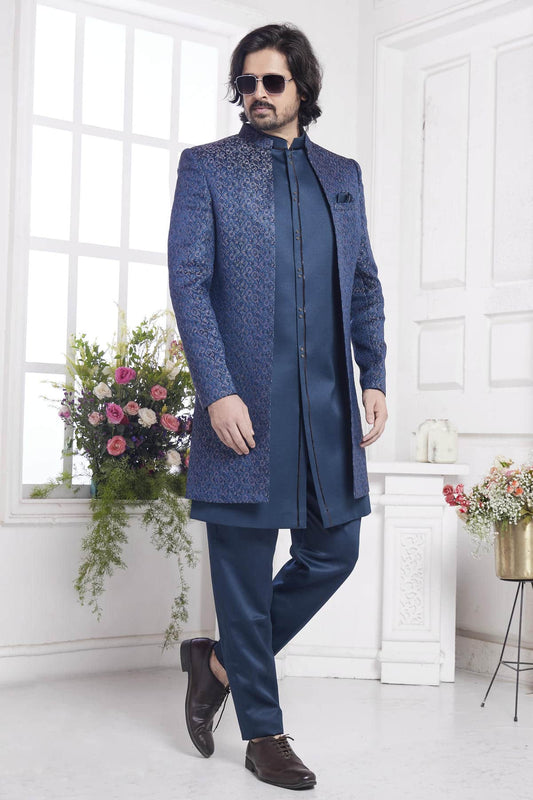 Imported Jacquard Silk Embroidery Work 3 Pcs Jacket Set In Teal Green Colour