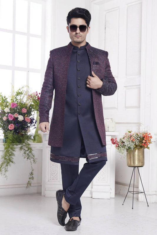 Imported Jacquard Silk Embroidery Work 3 Pcs Jacket Set In Wine And Blue Colour
