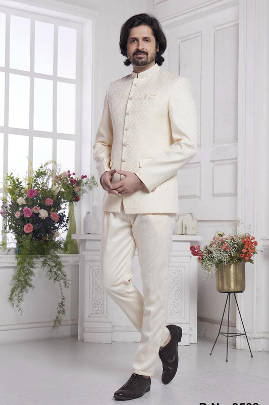 Imported Jacquard Silk Embroidery Work Jodhpuri In Cream Colour