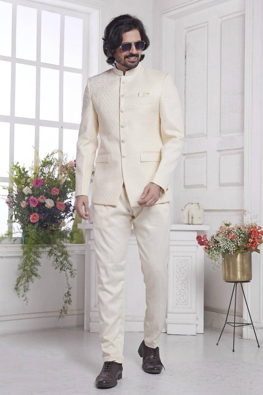 Imported Jacquard Silk Embroidery Work Jodhpuri In Cream Colour