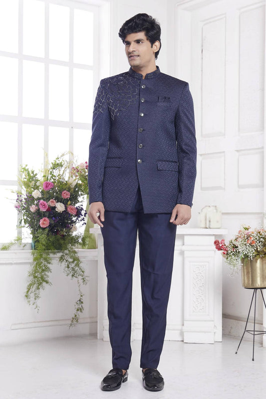 Imported Jacquard Silk Embroidery Work Jodhpuri In Blue Colour