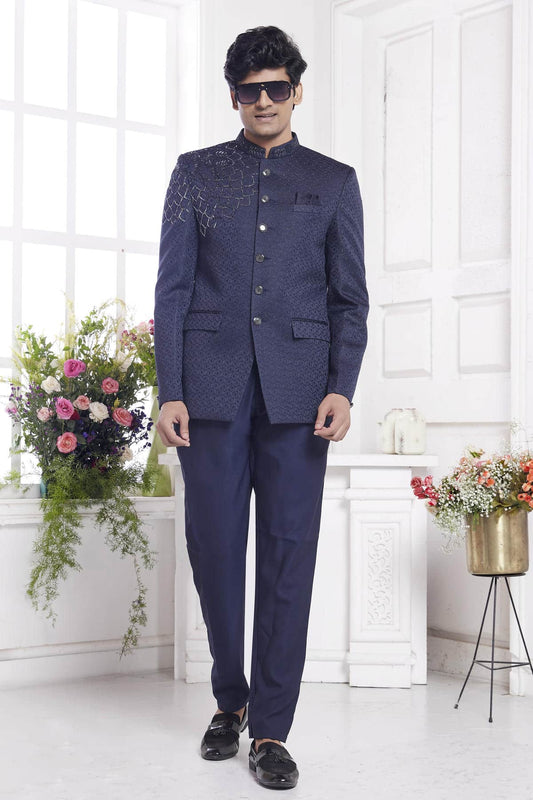 Imported Jacquard Silk Embroidery Work Jodhpuri In Blue Colour