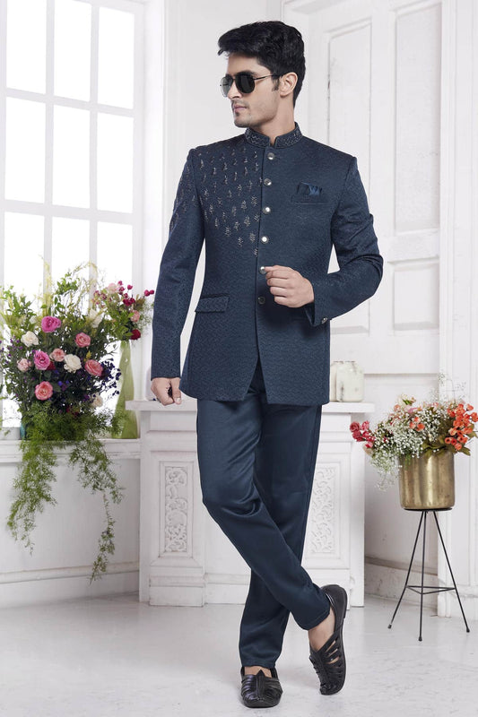 Imported Jacquard Silk Embroidery Work Jodhpuri In Green Colour