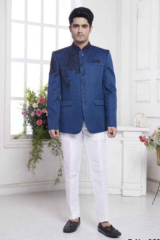 Imported Jacquard Silk Embroidery Work Jodhpuri In Blue Colour