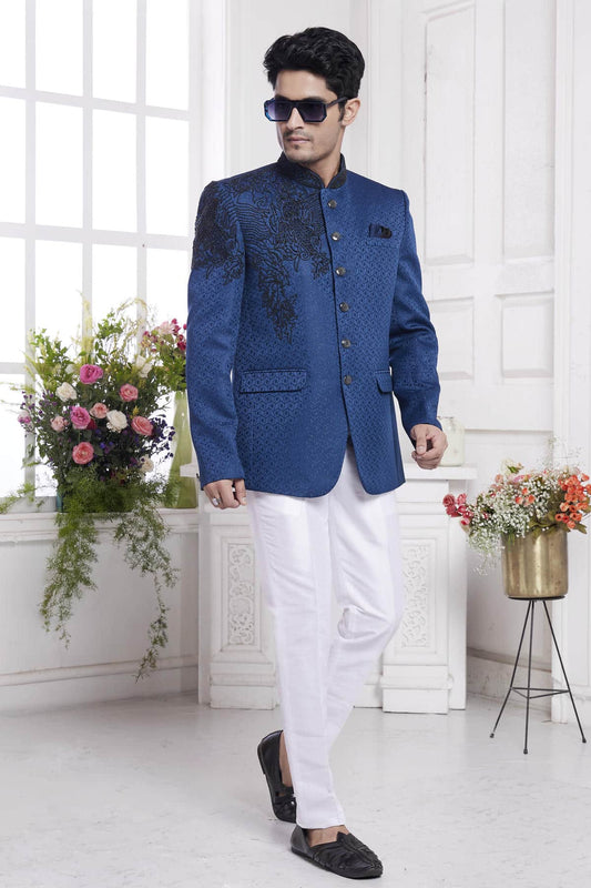 Imported Jacquard Silk Embroidery Work Jodhpuri In Blue Colour