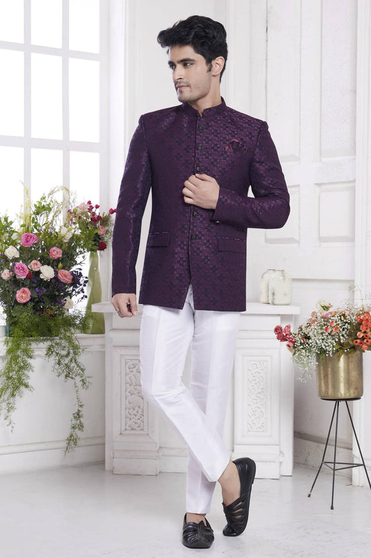 Imported Jacquard Silk Embroidery Work Jodhpuri In Wine Colour