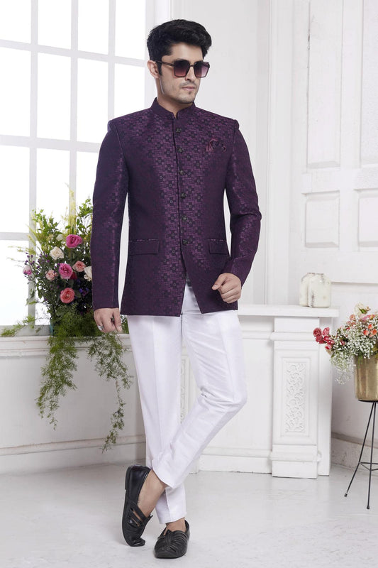 Imported Jacquard Silk Embroidery Work Jodhpuri In Wine Colour