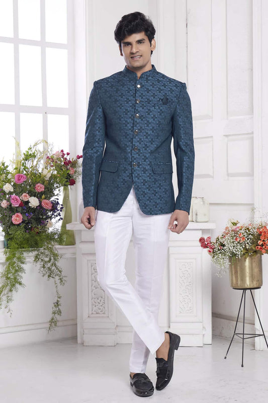 Imported Jacquard Silk Embroidery Work Jodhpuri In Blue Colour