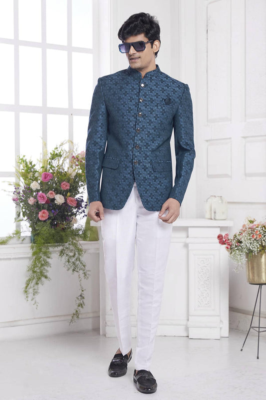 Imported Jacquard Silk Embroidery Work Jodhpuri In Blue Colour