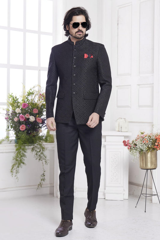 Imported Jacquard Silk Embroidery Work Jodhpuri In Black Colour