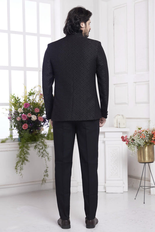 Imported Jacquard Silk Embroidery Work Jodhpuri In Black Colour