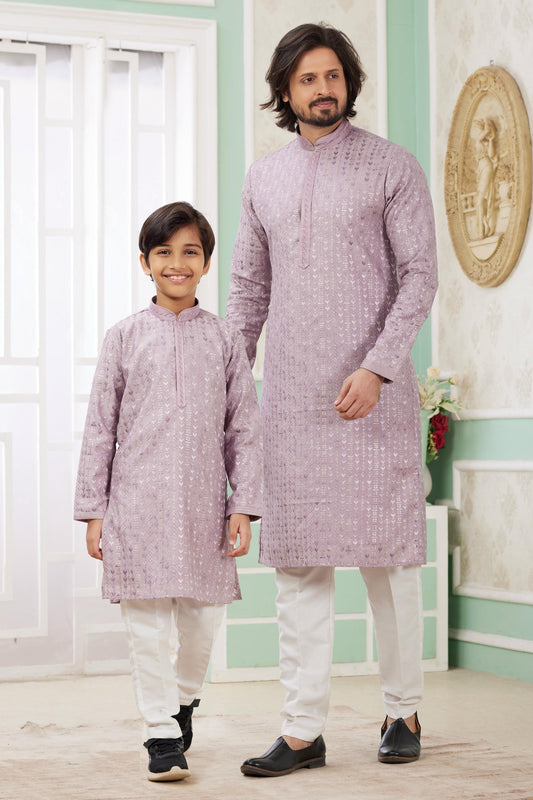 Art Silk Embroidery Thread Work Father and Son Combo In Lilac Colour