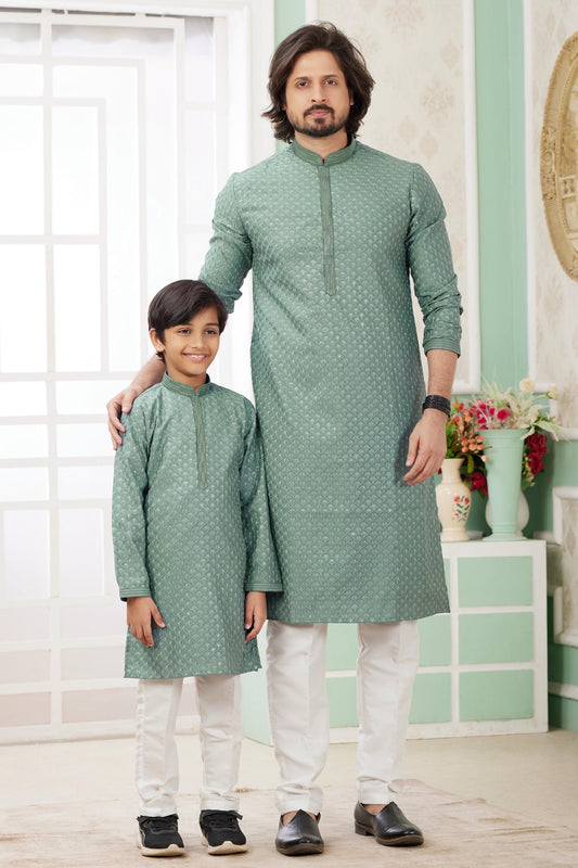 Art Silk Embroidery Thread Work Father and Son Combo In Green Colour