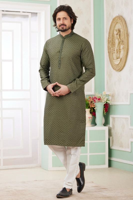 Art Silk Embroidery Thread Work Father and Son Combo In Green Colour