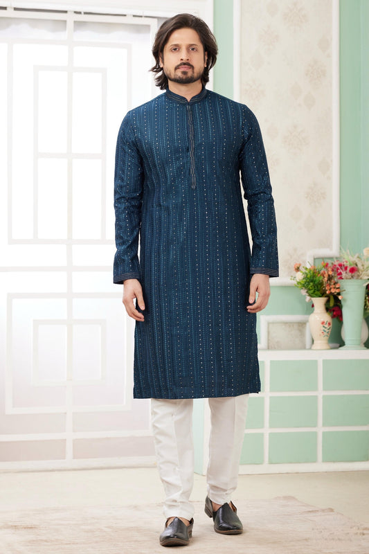 Art Silk Embroidery Thread Work Father and Son Combo In Teal Green Colour