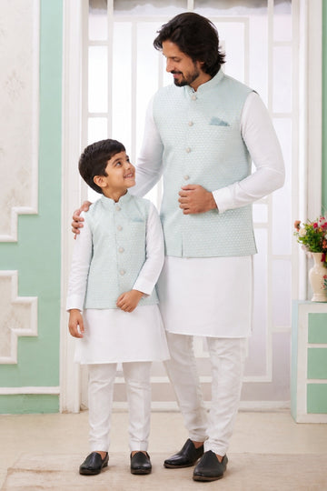 Art Silk Embroidery Pintux Work Father and Son Combo In Pista Green Colour