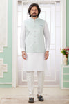 Art Silk Embroidery Pintux Work Father and Son Combo In Pista Green Colour