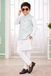 Art Silk Embroidery Pintux Work Father and Son Combo In Pista Green Colour