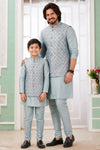 Art Silk Embroidery Pintux Work Father and Son Combo In Blue Grey Colour