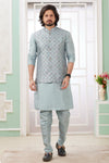 Art Silk Embroidery Pintux Work Father and Son Combo In Blue Grey Colour