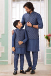 Art Silk Embroidery Pintux Work Father and Son Combo In Dark Grey Colour