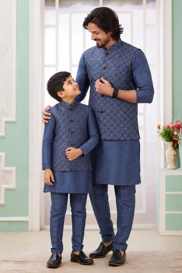 Art Silk Embroidery Pintux Work Father and Son Combo In Dark Grey Colour