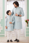 Art Silk Embroidery Pintux Work Father and Son Combo In Blue Grey Colour