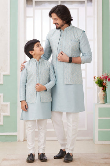 Art Silk Embroidery Pintux Work Father and Son Combo In Blue Grey Colour