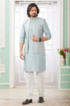 Art Silk Embroidery Pintux Work Father and Son Combo In Blue Grey Colour